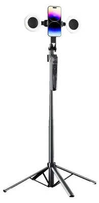 Produktbild von AI Selfie Stick - ES-B181 Gimbal Stativ - Auto Face Tracking - 360° Drehung - 4-beiniges Stativ - Doppeltes Licht - Bluetooth Fernbedienung - Schwarz