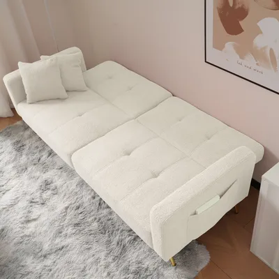 Produktbild von okwish Klappbares Schlafsofa Daybett mit Schlaffunktion,Gästebett Couch Sofa Bettsofa mit Großer Liegefläche, Polstersofa mit Kissen und seitlichen Aufbewahrungstaschen,Weiß