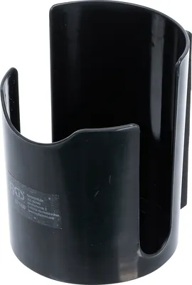 A black plastic cup holder is shown against a white background.