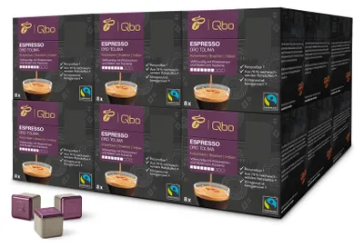 Produktbild von Tchibo Qbo Espresso Oro Tolima Premium Kaffeekapseln, 144 Stück - 18x8 Kapseln (Espresso, Intensität 7/10, vollmundig mit Röstaromen), nachhaltig, aus 70% nachwachsenden Rohstoffen