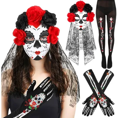 Image de Ensemble de costume d'Halloween sur le thème du Jour des Morts, comprenant un serre-tête, un masque, des gants squelette et des collants