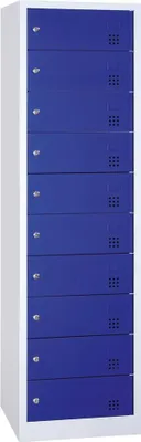 A tall, narrow cabinet with multiple blue locker doors against a white background.