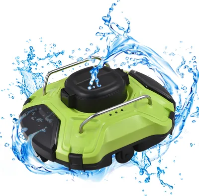 A green and black robot pool cleaner is shown with water splashing around it.