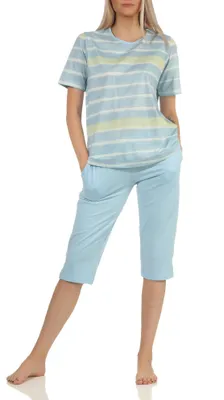 Produktbild von Damen Capri Schlafanzug kurzarm Pyjama im farbenfrohen Streifen Look – 112 204 90 464 ; hellblau , 36
