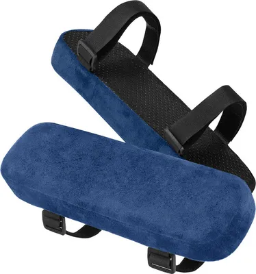 Two blue armrest pads with black straps are shown against a white background.