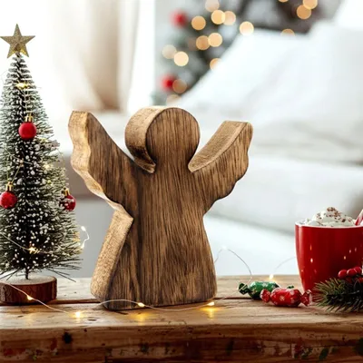 Image de Figurine d'ange de Noël en bois de manguier, 15 cm