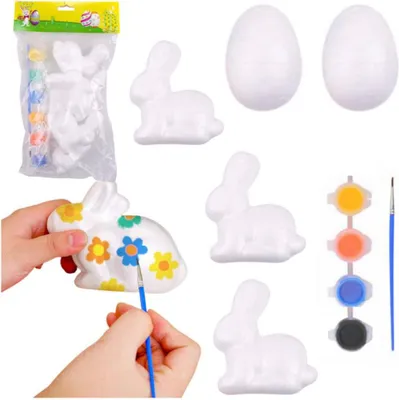 Immagine prodotto di Set di decorazioni in polistirolo: 3 coniglietti e 2 uova colorati