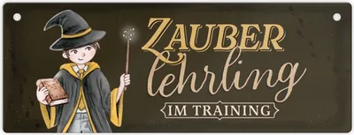 Produktbild von Zauberlehrling Metallschild L in 10,5x28cm mit Zauberschüler in gelb mit