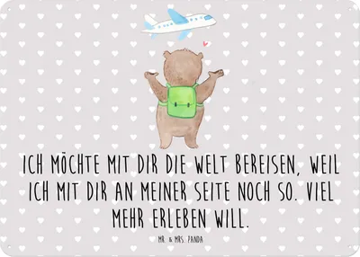 Produktbild von Mr. & Mrs. Panda tafel Bär Flugzeug DIN A5 - Grau Pastell - Geschenk, Valentinstag, Wandbild, Türschild, Freundin, Hochzeitstag, Blechschild, für Frauen, Metallbild