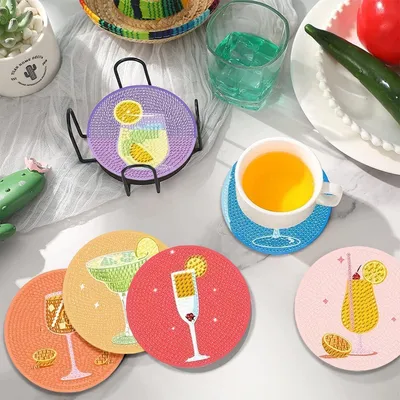 Productafbeelding van Diamant kunst onderzettersset met houder - Set van 8 - Diamant onderzetters voor cocktails - Diamant schilderij voor knutselen