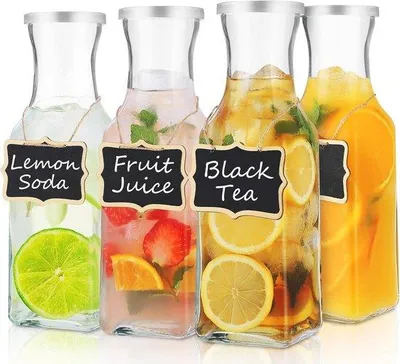 Productafbeelding van Glazen karaf met deksel - 1 liter sapcontainers set van 4 voor drankjes