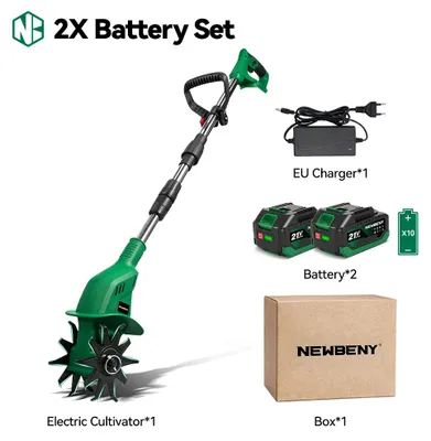 Produktbild von Elektrische Gartenfräse - Kabelloser Kultivator und Vertikutierer - 1600 W - 21 V Akkusystem - 800 U/min - Set mit 2 Akkus