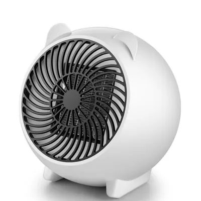 A white, spherical mini heater with a black grille is shown against a white background.