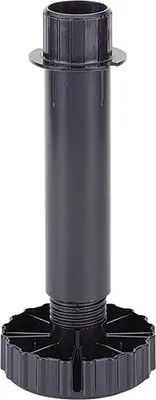 A black adjustable furniture leg with a hexagonal base.