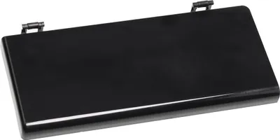 A black lid with two hinges on the top edge, shown from a slightly elevated diagonal angle against a white background.