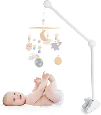 Productafbeelding van Houten mobiele houder voor babybed met wit wolkendesign
