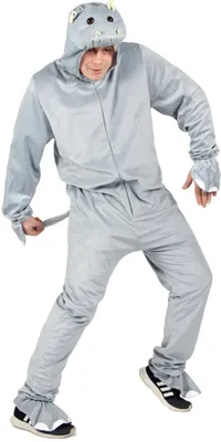 A person wearing a grey hippo costume.