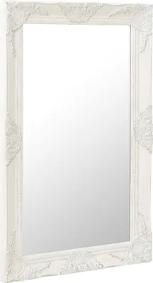 A white baroque-style mirror against a white background.