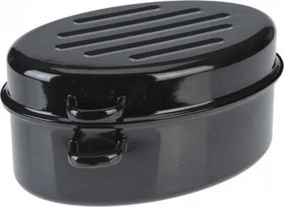 A black oval roasting pan with a slotted lid and two handles is shown against a white background.