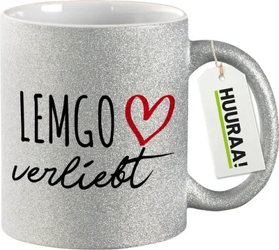Produktbild von Huuraa Glitzertasse Lemgo verliebt 330ml Silber Keramik Kaffeebecher Geschenkidee