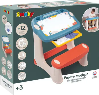 Zdjęcie produktu dla SMOBY Stolik z Tablicą Do Rysowania Biurko z Ławką + 12 akcesoriów