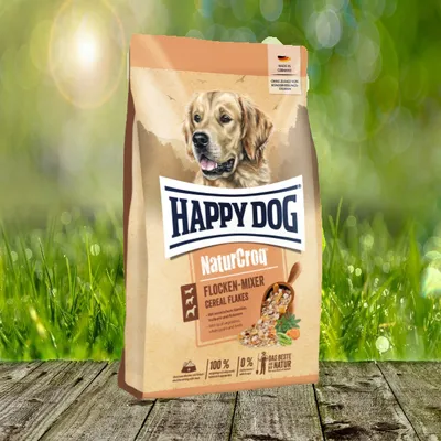 A bag of dog food is placed on a wooden surface with a blurred background of green grass and sunlight.
