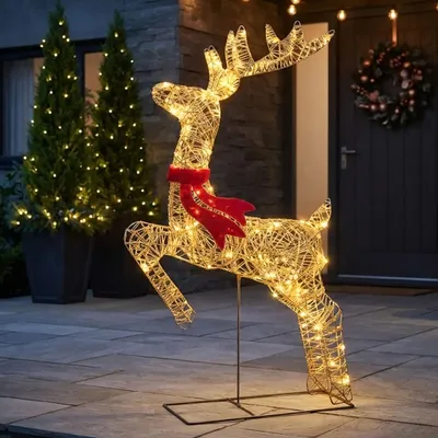 Imagen del producto de Adorno navideño dorado con efecto brillante para exteriores, con temporizador, de 88 x 56 cm, con 720 luces LED que parpadean en tonos cálidos