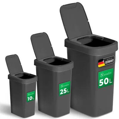 Obrázok produktu pre Novaliv sada odpadkových košov 10L + 25L + 50L, odpadkový kôš s vekom 2v1, výklopné veko a otočné veko, protizápachový odpadkový kôš do kuchyne, domácnosti, kancelárie, odpadkový kôš plastové odpadkové koše