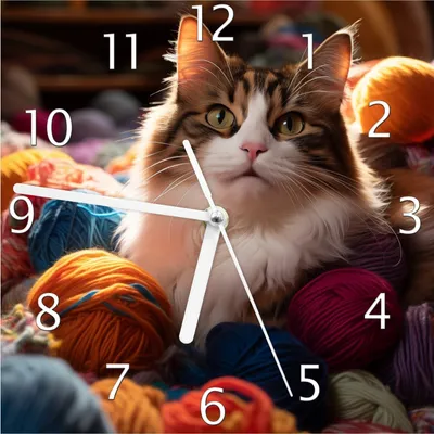 Produktbild von Wallario Design Wanduhr Katze in einem Berg von Wollknäuel aus Echtglas, Größe 20 x 20 cm