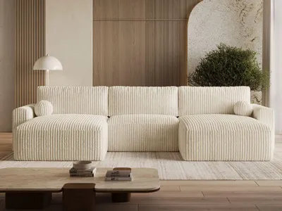 Produktbild von GrainGold Ecksofa U-Form Aurora - Ecksofa mit Schlaffunktion, Bettkasten- Moderne Ecksofa, Wohnzimmer Sofa- Eckcouch mit Cord -Stoff - Beige (Tilia 3)