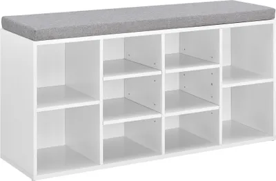 Produktbild von [en.casa] Schuhregal und Sitzbank mit 10 Ablageflächen 103x30x48cm Schuhschrank Schuhständer Schuhkommode Weiß Grau