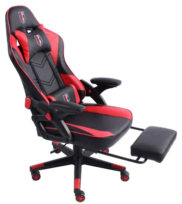Produktbild von Gaming Stuhl im modernen Racing-Design mit ausziehbarer Fußstütze Gaming Chair mit verstellbaren Design Armlehnen ergonomischer Schreibtischstuhl mit extra Stützkissen,Farbe:Schwarz/Rot