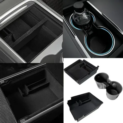 Image de Kit d'organisation pour console centrale, compatible avec Tesla Model 3/Y, comprenant : porte-gobelets, compartiment de rangement et tiroir