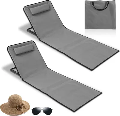 Produktbild von Clanmacy Strandmatte mit Tragegurt mit Kopflehne Kopstütze Verstellbarer Rückenlehne 600D Polyester Grau 1 Stucke 145cm x 47cm