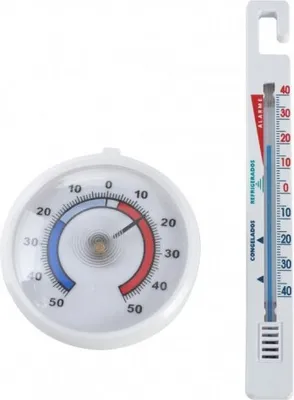 Two thermometers, one round and one long, are displayed against a white background.