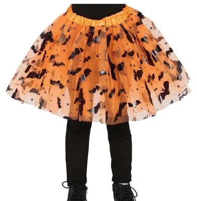 Productafbeelding van Heksen Halloween tutu-rok, oranje en paars, met vleermuismotief. Perfect voor een griezelig feest, een spookachtige nacht of een feestelijke gelegenheid. Een magische, unieke en leuke outfit. Kleur: oranje