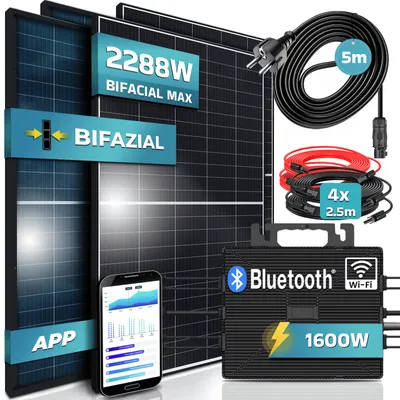 Produktbild von SUNNIVA® 2288W Balkonkraftwerk komplett Steckdose ASTRO-ENERGY 1600W Wechselrichter PV Solaranlage 4x440W BIFAZIAL BLACK Frame Single Glas Solarmodule
