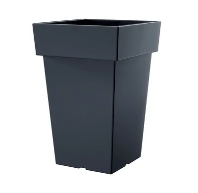 A dark gray square planter is shown against a white background.