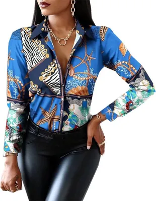 Produktbild von ASKSA Damen Bluse V-Ausschnitt Drucken Patchwork Hemd Elegant Button Tunika Langarm, Blau Seestern, 2XL