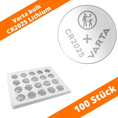 A Varta CR2025 lithium coin cell battery is shown next to a tray containing multiple batteries, with promotional text overlaying the image.