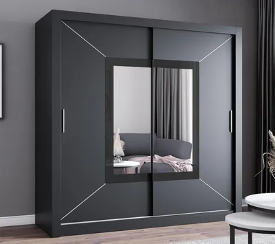 Produktbild von Krudox NIC Schwarz Schiebetürenschrank Kleiderschrank 203x216x62 cm mit Spiegel - Schlafzimmermöbel – Mehrzweckschrank mit 4 Kleiderstangen