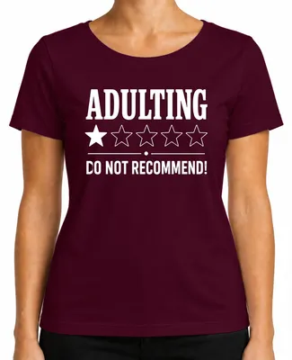 Obrázok produktu pre Tričko s nápisom "Adulting – neodporúčam", vianočné tričko, darček pre dámy, farba: bordová, veľkosť: XXL