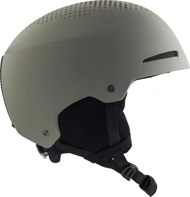 A studio shot of a single olive green ski helmet against a white background.