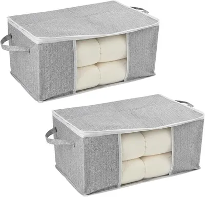 Produktbild von PolkaHome® 2er Set Aufbewahrungstaschen 55x40x25 cm – faltbare Aufbewahrungsboxen mit Deckel und Sichtfenster, Grau