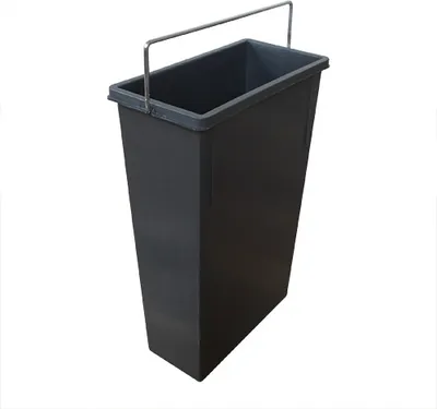 A dark gray trash can with a metal handle is shown against a white background.