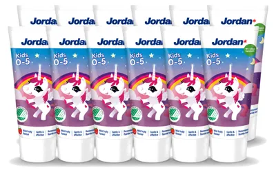 Produktbild von 12 x Jordan Kids Kindertandpasta 0-5 jaar - Milde Fruitaroma - 50 ml - Vorteilspackung - 12 Stücke