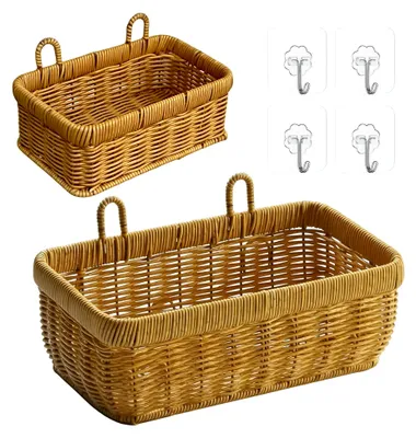 Produktbild von Geflochtener Rattan Aufbewahrungskorb mit Wandhalterung, 2 Stück, Dekorativer Organizer für Schlafzimmer, Büros und Wohnzimmer