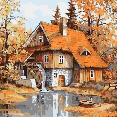 Productafbeelding van Schilderij op nummer: Huis in het bos aan een meer, formaat 40x50, op canvas