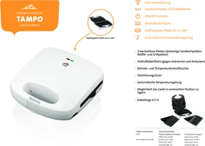 Image de Sendvičovač ETA Tampo Číslo výrobku : ETA415690000 ETA Tampo jsou 3 spotřebiče v 1 - sendvičovač, vaflovač, gril. Je vybaven vyměnitelnými deskami s nepřilnavým povrchem, otevíráním až do úhlu 180° a bezpečnostním spínačem.