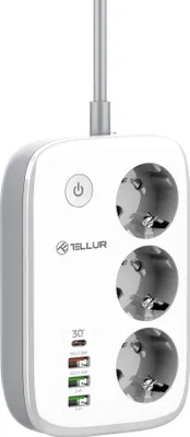 Produktbild von Tellur Smart WiFi-Steckdosenleiste, 3 Ausgänge, 2*USB 2,4 A, PD30 W, QC18 W, 2500 W, 10 A, 2 m